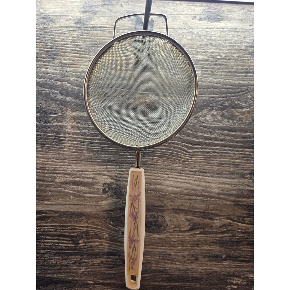 Vintage Stainless Steel Fine Mesh Strainer Floral Iris Handle‎ Kitchen Sifter